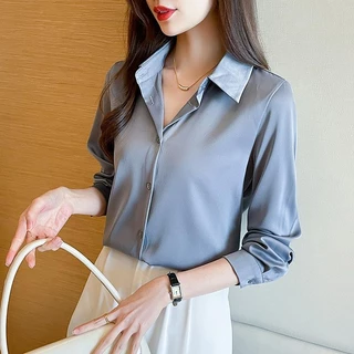 S-2XL 10 สี เสื้อเชิ้ตผ้าซาตินทางการระดับไฮเอนด์สำหรับผู้หญิง ป้องกันการยับ ปราศจากการรีด พร้อมไหล่ตรง