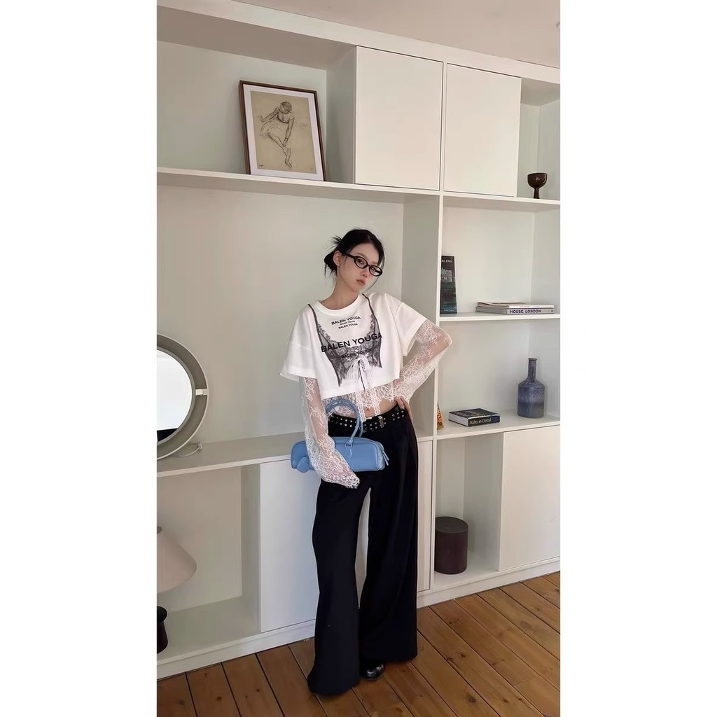 เสื้อยืดสองชิ้นผ้าไหมเย็นและผ้าฝ้าย แบบสั้น ดีไซน์ใหม่ สบายๆ สำหรับฤดูร้อน