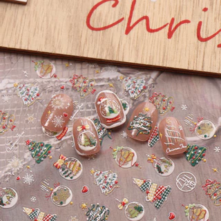 HAMA เล็บนูนสติกเกอร์เล็บคริสต์มาสการ์ตูน Santa Claus ต้นคริสต์มาสเกล็ดหิมะดอกไม้ไฟฝรั่งเศสประณีตสติกเกอร์ตกแต่ง Decals วันหยุดเล็บ