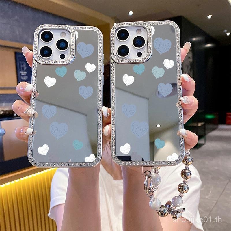 เคสโทรศัพท์เปลือกแก้วชุบเพชรคริสตัลเต็มจอออกแบบหัวใจสีฟ้าน้อยเข้ากันได้กับ ไอโฟน 13, 15, 11, 12, 16,