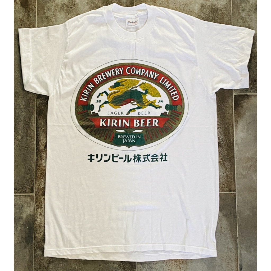 เสื้อผ้าฝ้าย 100% พิมพ์ลายเบียร์ Kirin 80s Retro แขนสั้นสำหรับฤดูร้อน