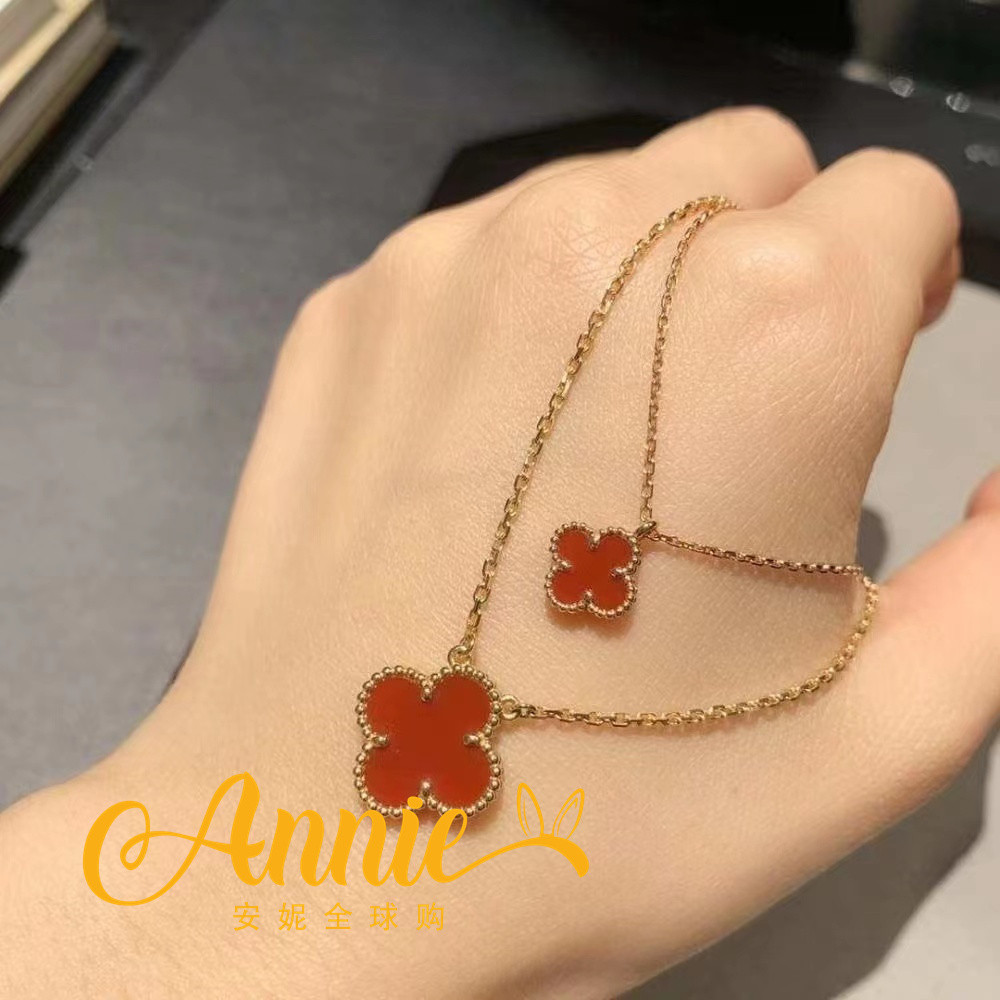 ของแท้ VCA/VCA VCA Clover สร้อยคอผู้หญิง Carnelian จี้ 18K Rose Gold Clavicle Chain วันวาเลนไทน์