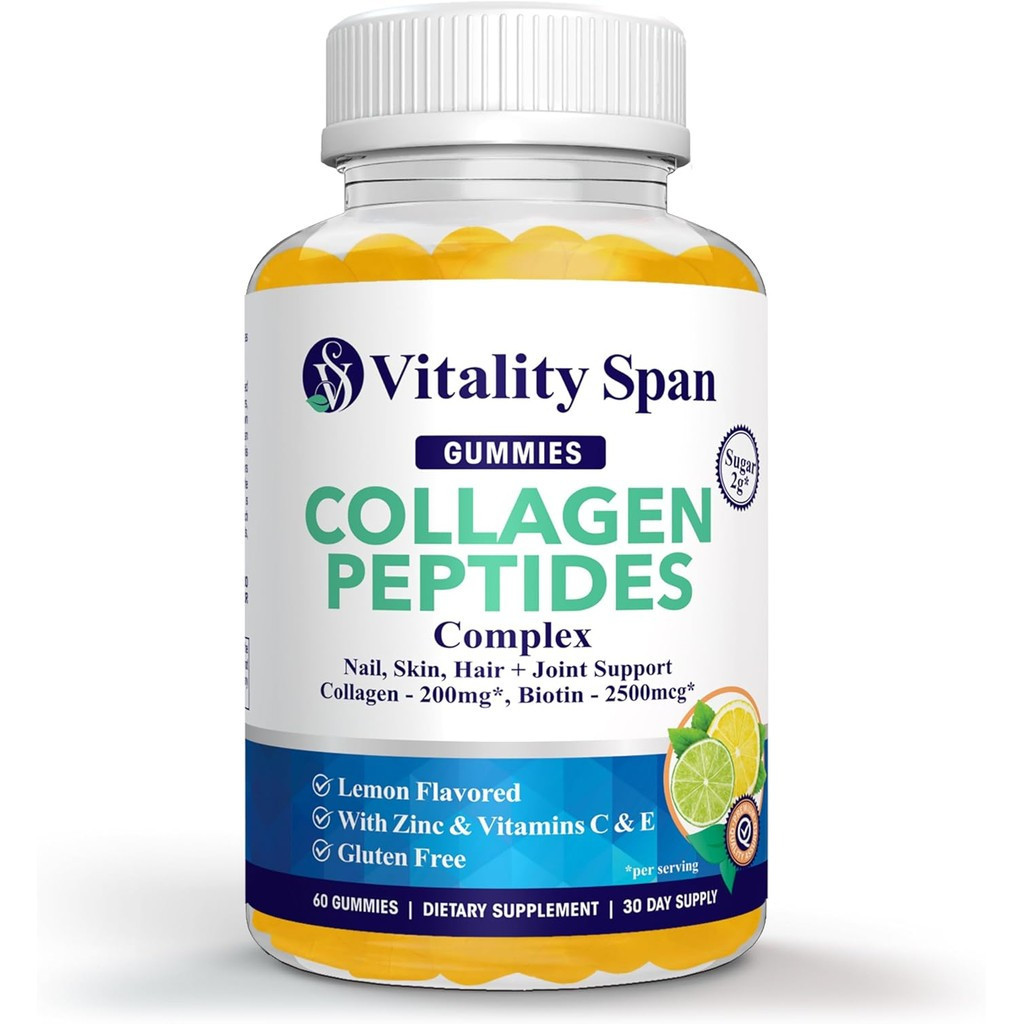 คอลลาเจนเปปไทด์ กัมมี่พร้อมไบโอติน (2500mcg), วิตามิน C, E, สังกะสี, ผิวผมและเล็บ Gummies, น้ําตาลต่