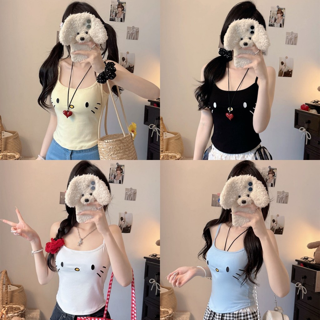 💘Bonnie💘เสื้อครอป สีพาสเทล เสริมฟองน้ำ ดีเทลลายน้องแมว เข้ารูป เสื้อสายเดี่ยว สไตล์เกาหลี ผ้านิ่ม พร้อมส่ง