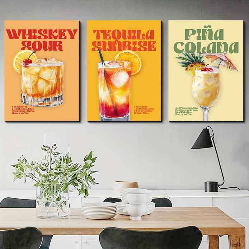 กันน้ํา Frameless Retro ค็อกเทลสูตรผ้าใบ Wall Art วิสกี้เปรี้ยว Tequila Sunrise Pina Coda Bar Decor