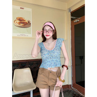 Aurora🛒พร้อมส่ง🚚 (รูปถ่ายจากงานจริง) เสื้อไหมพรมแขนสั้นคอวีลายดอกไม้ สีพาสเทลน่ารัก