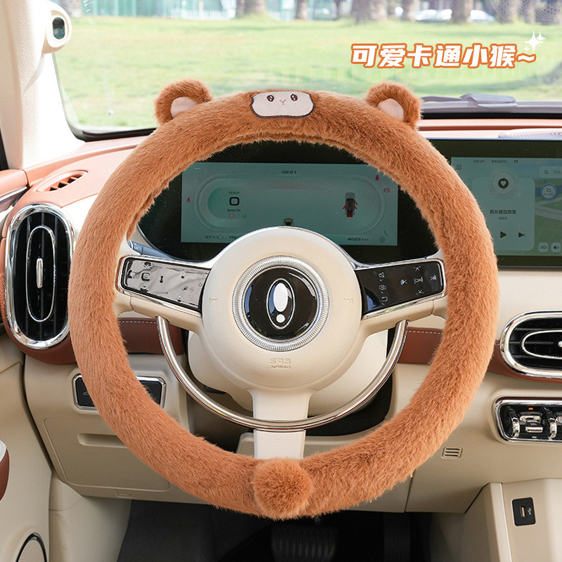 New Cartoon Cute Cat Ears Car Steering Wheel Cover Winter European Mink Plush Car Anti-Freezing Warm Steering Wheel Set steering wheel cover 38cm car accessories interior organizer