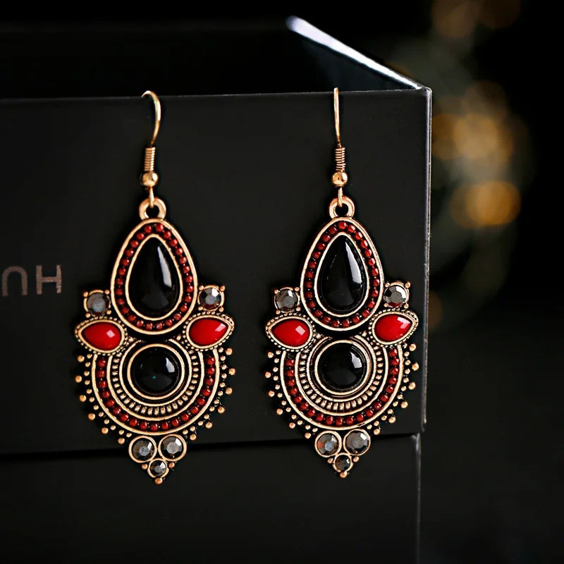 Ethnic Women's Water Drop Bohemian Earrings Vintage Red Black Beads Gypsy Jhumka Earrings Oorbellen 