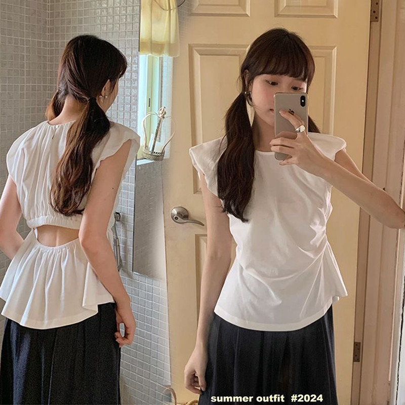 Cuties 💖เสื้อเชิ้ตแขนสั้น แขนฟอง เสื้อเชิ้ตแขนกลวงด้านหลังผู้หญิงฤดูร้อน  แฟชั่นฤดูร้อน สําหรับผู้หญิง 99208