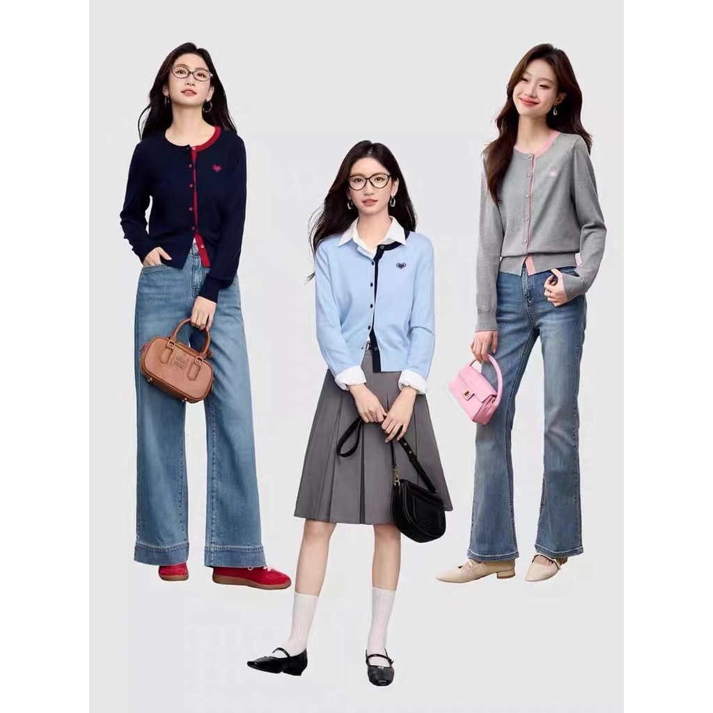 Contrast สีรอบคอถักเสื้อสเวตเตอร์ถักผู้หญิงแขนยาวฤดูใบไม้ร่วงหัวใจปักเสื้อกันหนาวสั้นแจ็คเก็ต (099H1