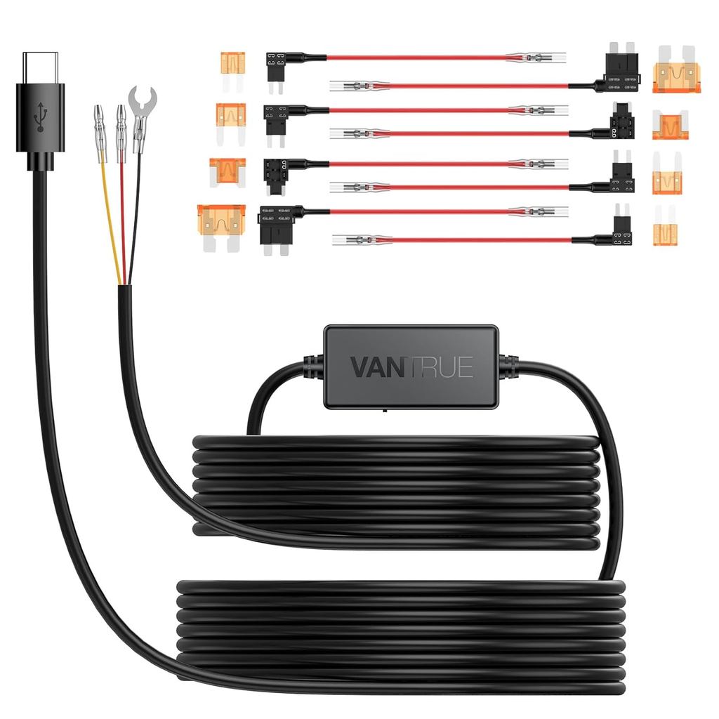 Vantrue 11.5ft USB-C Hardwire Kit (12V–24V ถึง 5V) พร้อมฟังก์ชัน Acc, ป้องกันแรงดันต่ําสําหรับ N4(S)