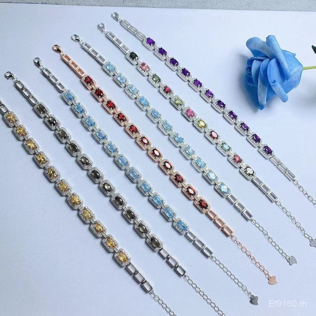 สร้อยข้อมือทัวร์มาลีนฝังธรรมชาติด้วยคริส탈 Blue Topaz ชนิดเงิน 925 Sterling Silver แบบ VV5Z
