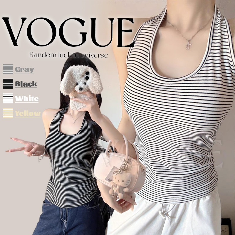 Vogue🌟พร้อมส่ง🌟 เสื้อคล้องคอ ลายทางร้าน เสริมฟองน้ำ สไตล์เกาหลี มินิมอล (FY6147)