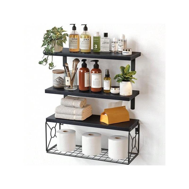 Floating Shelves, Bathroom Shelves Over Toilet, Wall Mounted Floating Shelves With Wire Basket, Wood