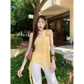 Aurora🛒พร้อมส่ง🚚 (รูปถ่ายจากงานจริง) เสื้อสายเดี่ยวผ้าซีฟอง สีเหลืองอ่อนสไตล์เกาหลีน่ารัก