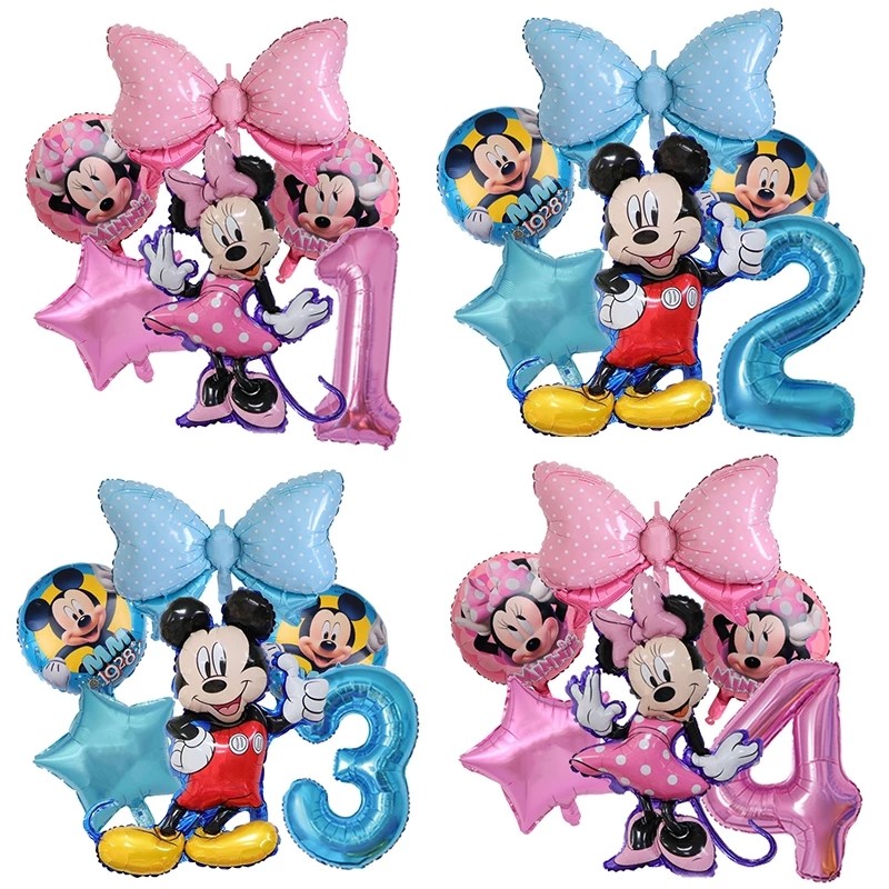 6 ชิ้น/เซ็ต Mickey Minnie Mouse Bowknot ฟอยล์บอลลูน 32in สีฟ้าสีชมพูจํานวน 1-9 บอลลูนเด็กวันเกิด Party ตกแต่งความต้องการ