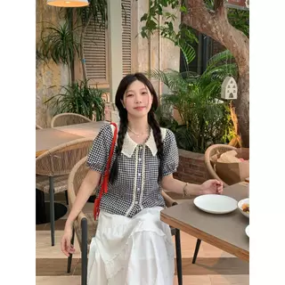 mimi&didi#เสื้อเชิ้ตคอปกเด็กสีดำลายสก็อตหลวมแขนสั้นสำหรับผู้หญิง หวานและน่ารัก#w678
