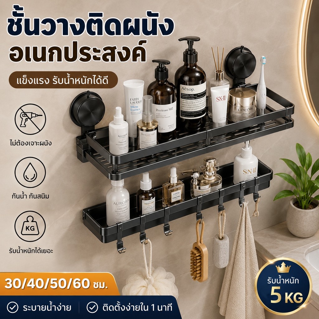 🔥ส่งไว🔥ชั้นวางห้องน้ำอลูมิเนียม ดูดสูญญากาศ ไม่ต้องเจาะ ติดตั้งง่าย ชั้นวางเก็บอุปกรณ์อาบน้ำ สำหรับห้องน้ำ