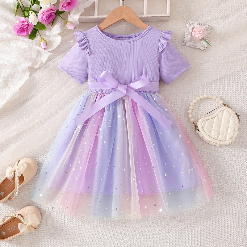 ❦ สาว Ombre Starry Tulle Dress Ruffle Sleeve Ribbed Bodice พร้อมเอว Bow Princess ชุดเด็ก