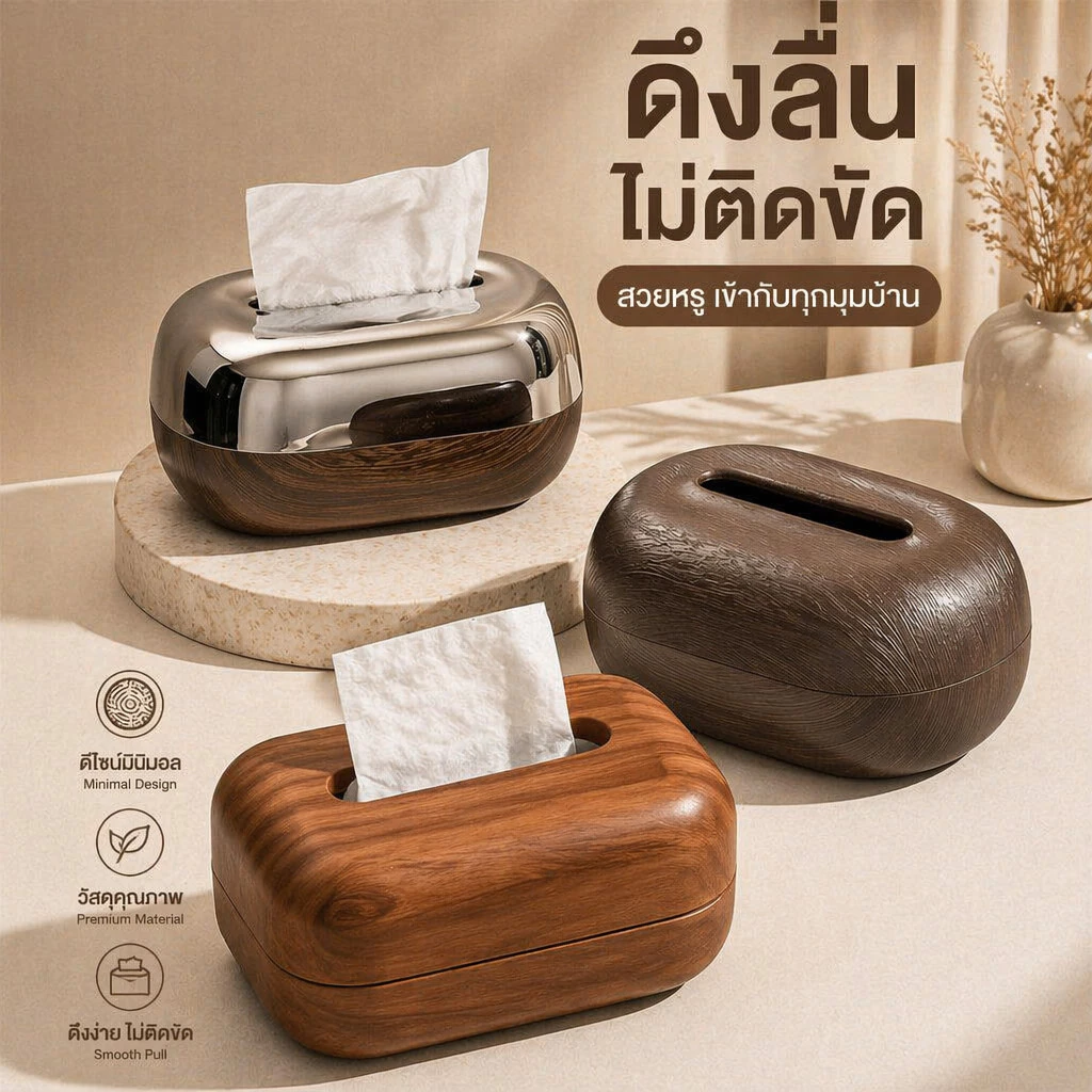 กล่องทิชชู่ตั้งโต๊ะ มีสปริงในตัว ดึงกระดาษลื่น ไม้วอลนัท ความจุใหญ่ ดีไซน์หรู ห้องนั่งเล่น ห้องนอน โต๊ะทำงาน
