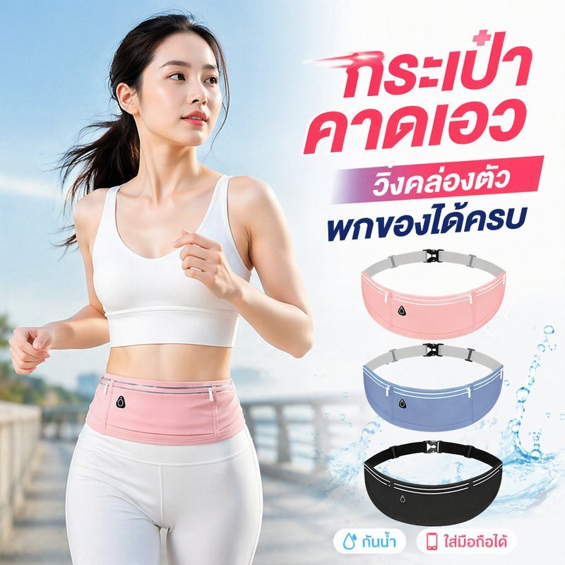 กระเป๋าคาดเอววิ่ง กระเป๋าวิ่งออกกำลังกาย กันน้ำ สะท้อนแสง ช่องใส่มือถือ สายปรับได้