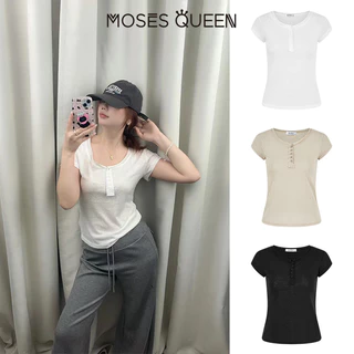 MOSESQUEEN ความเมตตา คอพับขอบหลวมกระชับสัดส่วนและเสื้อยืดแขนสั้นซีทรูเล็กน้อยสําหรับผู้หญิง-เสื้อฤดูร้อนอเนกประสงค์ #63907