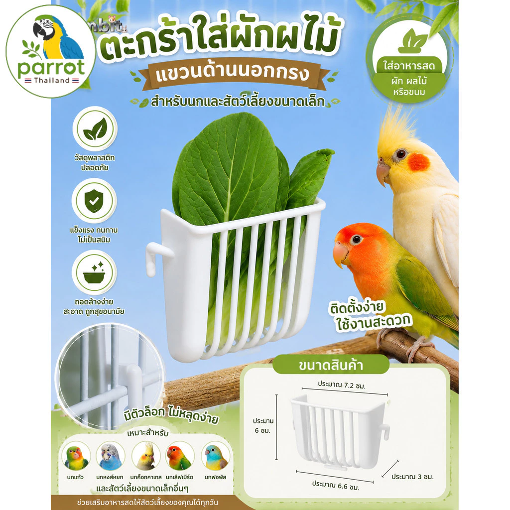 Parrot.thailand ที่ใส่ผักนก ตะกร้าแขวนกรงนกและสัตว์เล็ก ถอดล้างง่าย มีตัวล็อก (ขนาด 7.2x6x3 ซม.)
