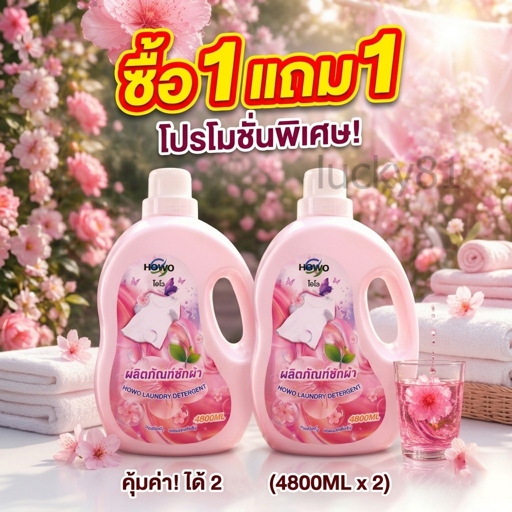 (1 เเถม 1 )น้ำยาซักผ้า HOWO ขนาด 4800 มล. ขจัดคราบลึก หอมละมุน อ่อนโยนต่อผ้า