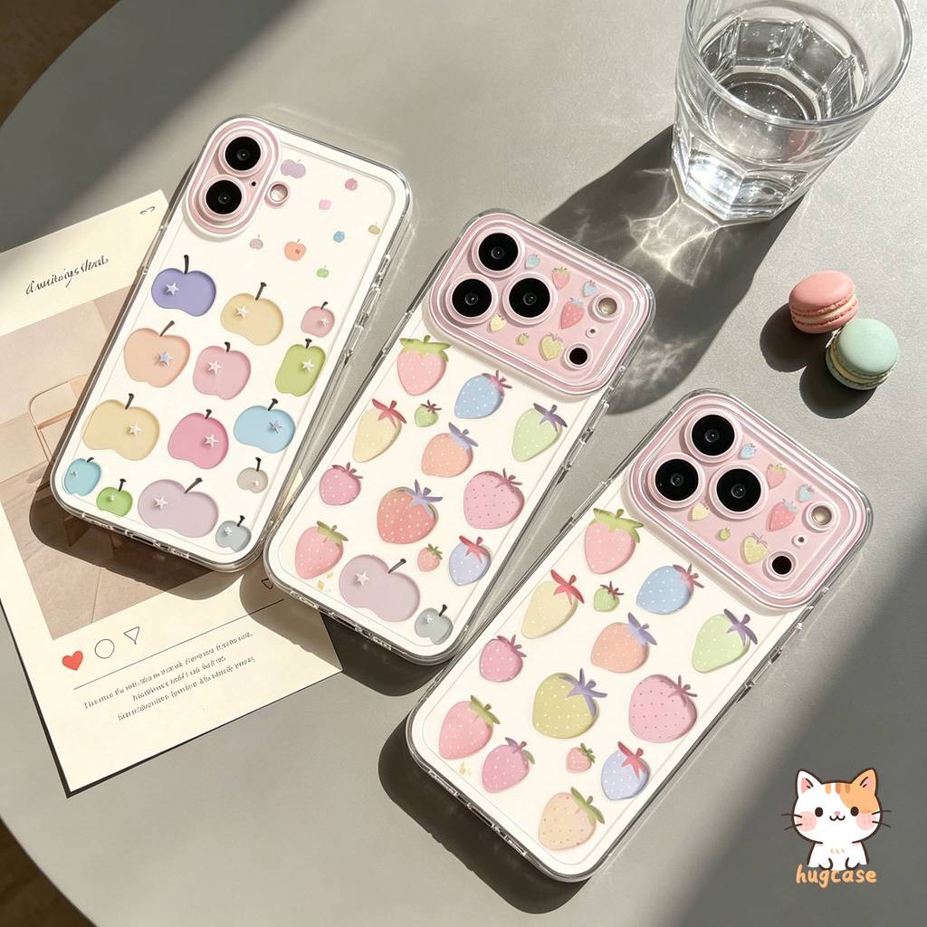 สำหรับ IPhone 17 16 12 15 13 11 14 Pro Max XR XS Max 7 15 16 Plus เคสโทรศัพท์หน้าต่างใหญ่ ลายสตรอเบอร์รี่ผลไม้สีมาคารอน