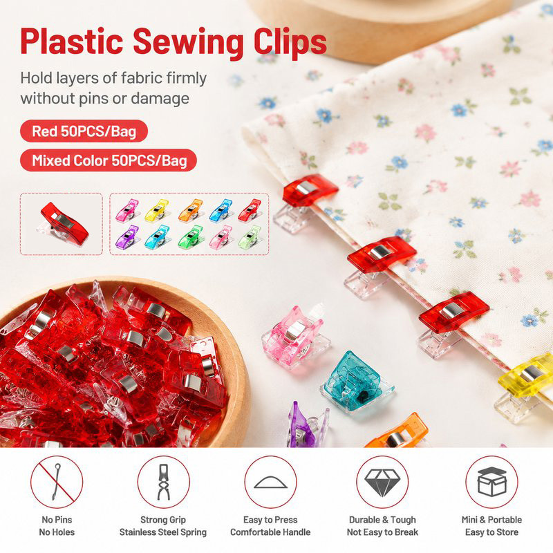 sewing clips คลิปเย็บผ้า 50 ชิ้น สำหรับงานควิลท์ งานปะผ้า หนีบผ้าไม่ต้องเจาะรูด้วยเข็ม ฐานแบน ช่วยจับชิ้นงาน