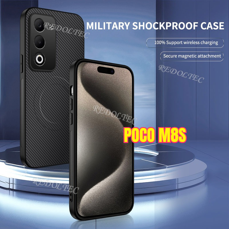 POCO M8S หนังกันกระแทกคาร์บอนไฟเบอร์รูปแบบปลอกแม่เหล็ก Xiaomi POCOM8S ไร้สายชาร์จกลับฝาครอบโทรศัพท์