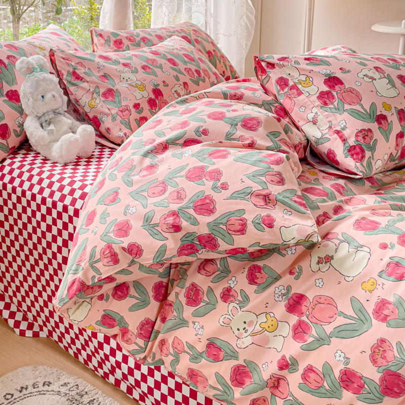 Red Tulip Bunny Bedding Set, Pure Cotton1.5Cute bedding set for girls