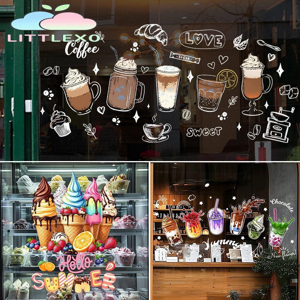 LITTLEX Shopwindow สติ๊กเกอร์หน้าต่างแบบถ้วยชานมหลากสี, ขนมปังการ์ตูนไอศกรีมสติ๊กเกอร์ติดประตูกระจกตกแต่งบ้าน