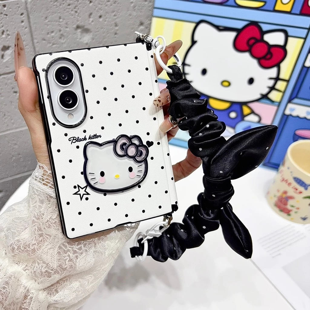 New style ลายจุด Kitty Cat โซ่มือ เคส สำหรับ Samsung Galaxy Z Fold8 Wide Case ชุดสามชิ้นที่ถอดออกได้รวมทุกอย่าง แกนกลางแม่เหล็ก ป้องกันการตก พลิกปก เคส
