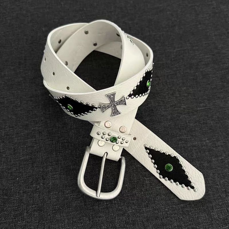 Retro Y2k Cross Rivets สีดําสีขาวเพชรเข็มขัดหัวเข็มขัดโลหะเย็บหนัง Niche Design เข็มขัด