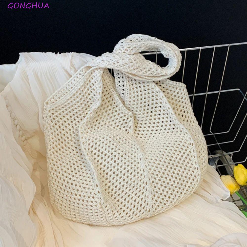 GONGHUA ผู้หญิงถักกระเป๋าสะพาย,สีทึบขนาดใหญ่ความจุโครเชต์ตาข่าย Tote,แฟชั่นอเนกประสงค์ Hollow Out Spacious Casual ทอกระเป๋าถือกลางแจ้ง