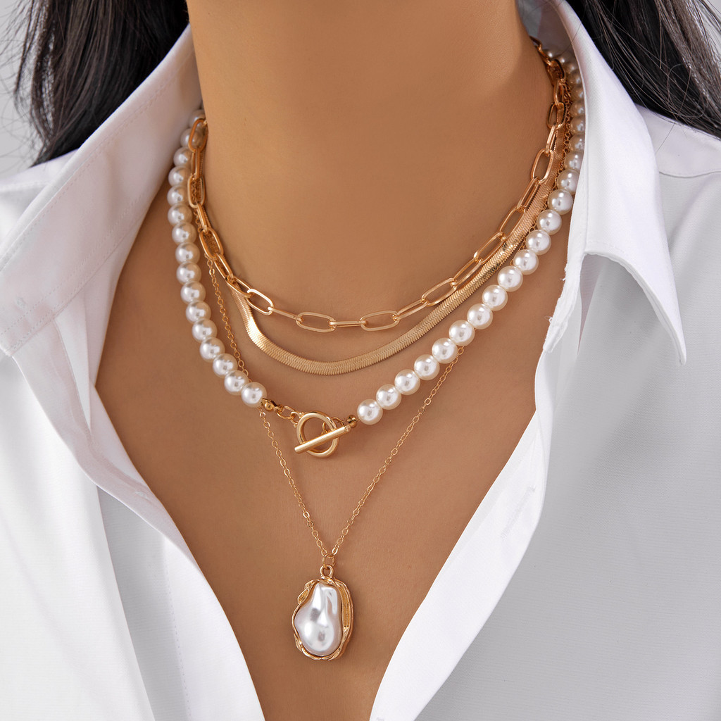 แฟชั่น Retro ไม่สม่ําเสมอ Baroque Pearl OT Clasp สร้อยคอโซ่งู 4 ชิ้นชุด Y2K ของขวัญสําหรับสาววัยรุ่น