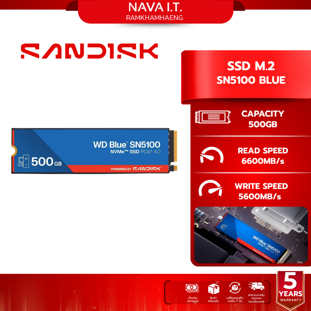 WD SSD (เอสเอสดี) BLUE SN5100 500GB GEN 4.0 (WDS500G5B0E-00CPE0) WARRANTY 5 YEAR