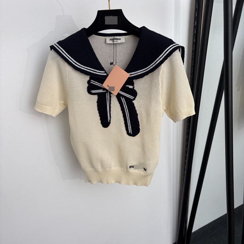 M1u Temperament Slim-fit Dopamine Sweet Wear เสื้อสเวตเตอร์แขนสั้นคอปกโบว์สีกรมท่า