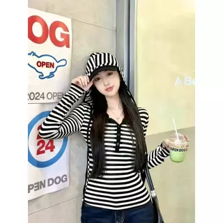 ส่งไวจากไทย ลําลอง 2สี เสื้อแขนยาวผู้หญิง สําหรับสตรี ลายทาง สไตล์วินเทจ🍒YOUMI