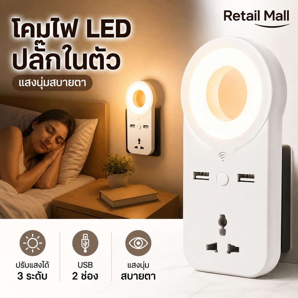 โคมไฟ LED พร้อมปลั๊กไฟในตัว ปรับอุณหภูมิแสงได้ 3ระดับ มีช่อง USB แสงนุ่มสบายตา เหมาะสำหรับห้องนอน ห้องนั่งเล่น โต๊ะทำงาน