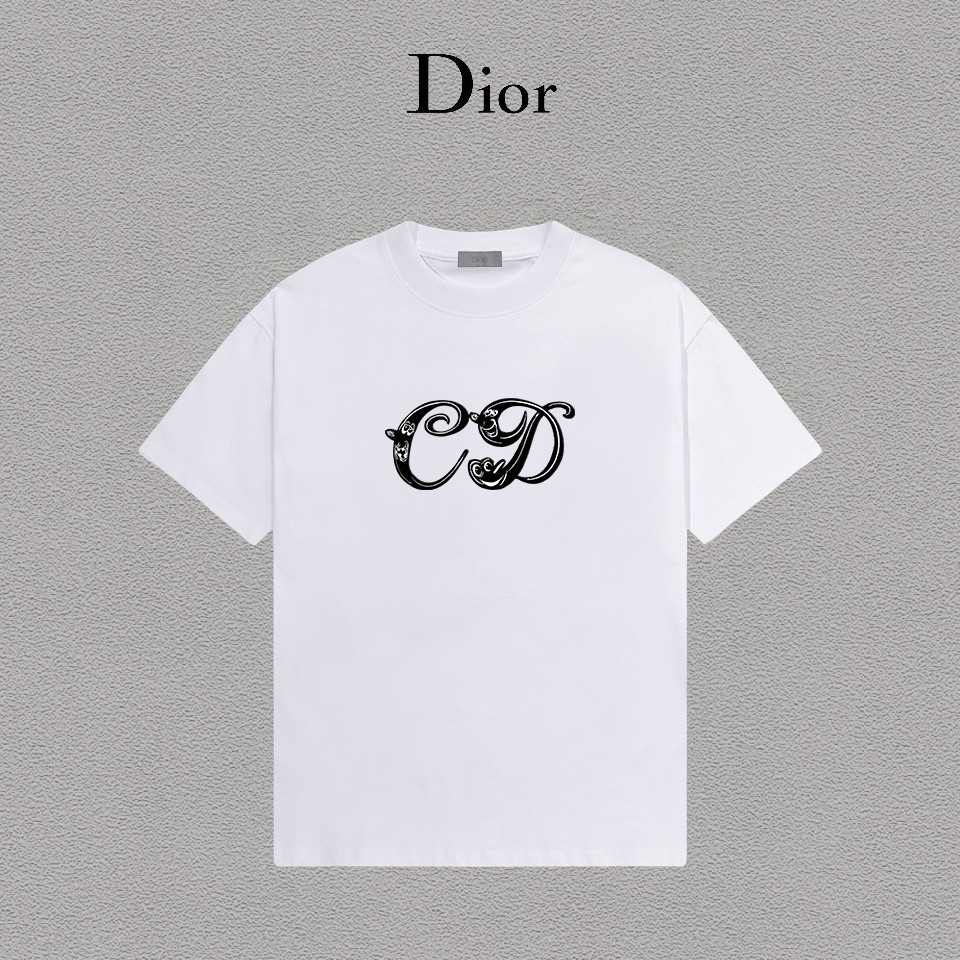 Dior tee/Dior เสื้อยืดผู้ชายผู้หญิงพิมพ์แขนสั้น Casual เสื้อยืดอินเทรนด์เสื้อยืดผู้ปกครอง-เด็ก Retro