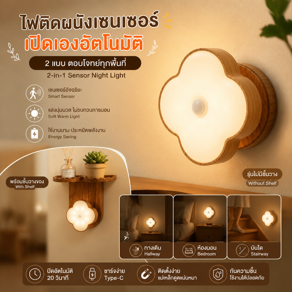 ไฟกลางคืนเซ็นเซอร์ Led ชาร์จ USB ติดผนัง แม่เหล็ก ไร้สาย ไม่ต้องเจาะผนัง เป็นตะขอได้ 2in1