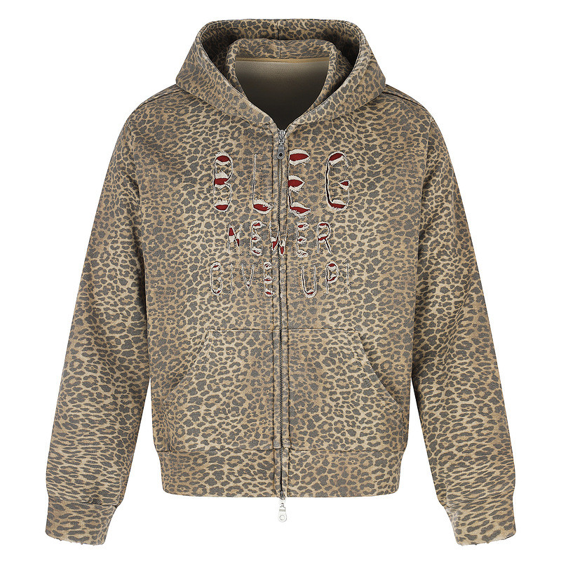 Retro เสือดาวพิมพ์สีแดง Ripped Hole ปัก Hooded Cardigan เสื้อกันหนาวผู้ชายผู้หญิงหลวมสั้นตัดเสื้อแจ็
