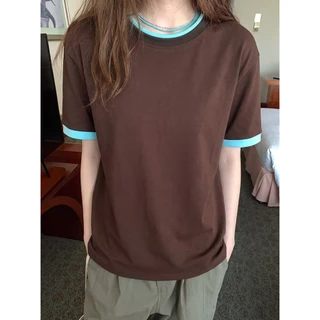 B&R พร้อมส่ง เสื้อยืดแขนสั้นคอกลม เสื้อทรงหลวมตัดสีขอบ เนื้อผ้านุ่มไม่ยับ ผู้หญิงฤดูร้อน สไตล์เกาหลี