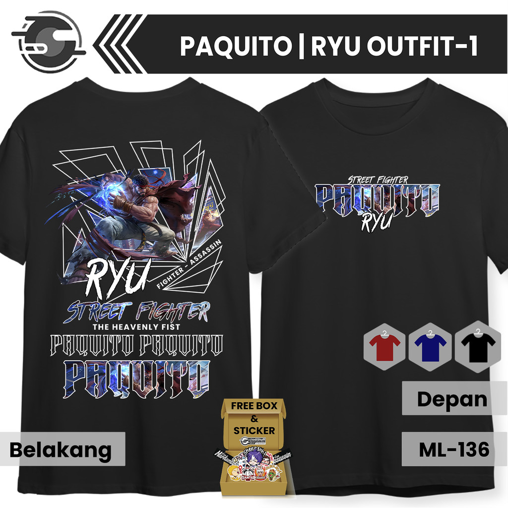 MLBB PAQUITO RYU Skin Street Fighter แขนสั้นผ้าฝ้ายหวีเสื้อยืดสีดํามือถือ Legends Distro เสื้อ