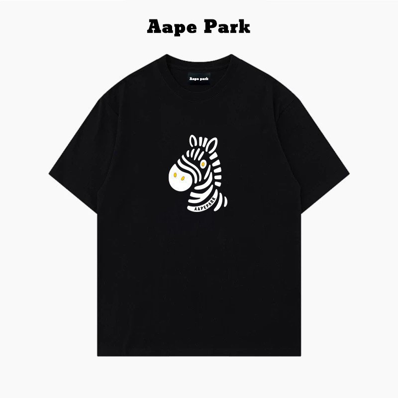 AAPE อีกครั้ง ใหม่ลายม้าลายพิมพ์ผ้าฝ้ายแท้หลวมคอกลมผ้าฝ้ายแท้เสื้อยืดแขนสั้นสําหรับทั้งชายและหญิง