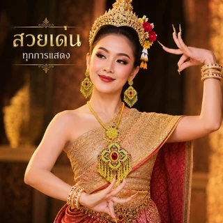 สร้อยคอชุดไทย พร้อมต่างหู ลายไทยโบราณ สีทอง/สีเงิน ยาว 24 นิ้ว เครื่องประดับชุดไทย เจ้าสาว นางรำ งานบุญ