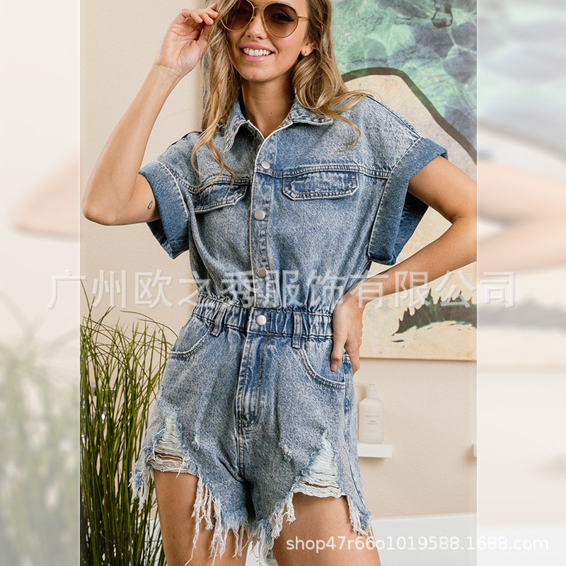 Amazon การค้าต่างประเทศ 2025 ฤดูร้อน Stocking Ripped Jumpsuit กางเกงขาสั้นยุโรปอเมริกันเอวยางยืดแขนส