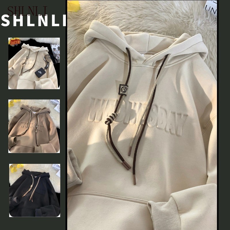 ผู้ชายฤดูใบไม้ร่วงฤดูหนาวตุ๊กตาหนานูนจดหมาย เชือกรูด เสื้อกันหนาวหมวกสบายๆหลวมเสื้อสวมหัวเสื้อกันหนาว